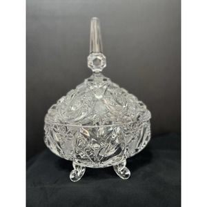 VINTAGE Large CUT GLASS Candy DISH Lid SWIRL Star LEAF Patterns 4 LEGS Oval